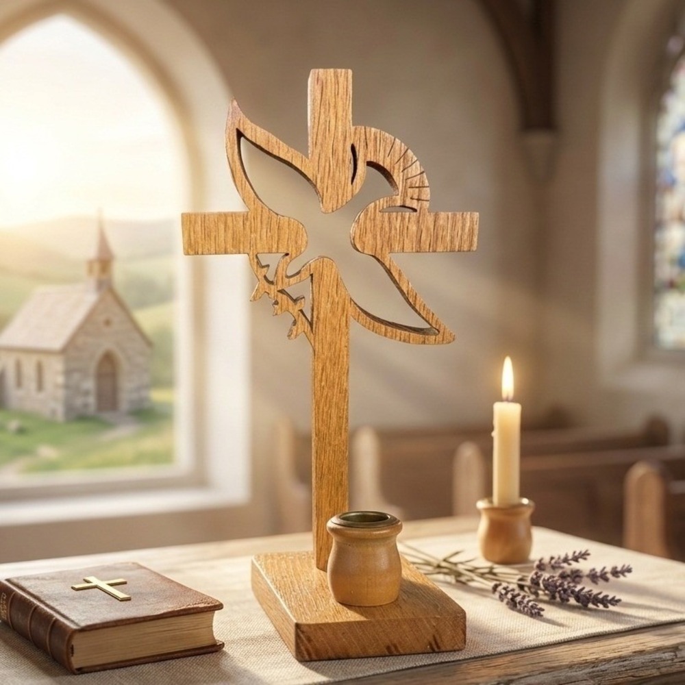 Vintage Wooden Standing Cross Holy Spirit Dove Candle Holder Tabletop Decor‎ Oak